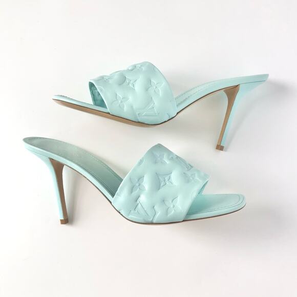 NIB Louis Vuitton Revival Monogram Emboss Leather Heeled Mules Sandals 41 - Picture 6 of 12